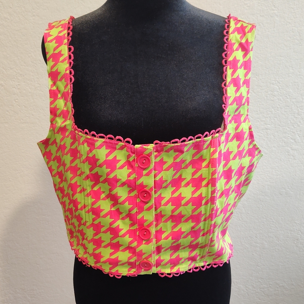 💔 SOLD 💔 Sugar Thrillz Friendly Fashionista Crop Top - Neon Pink and Green -XL